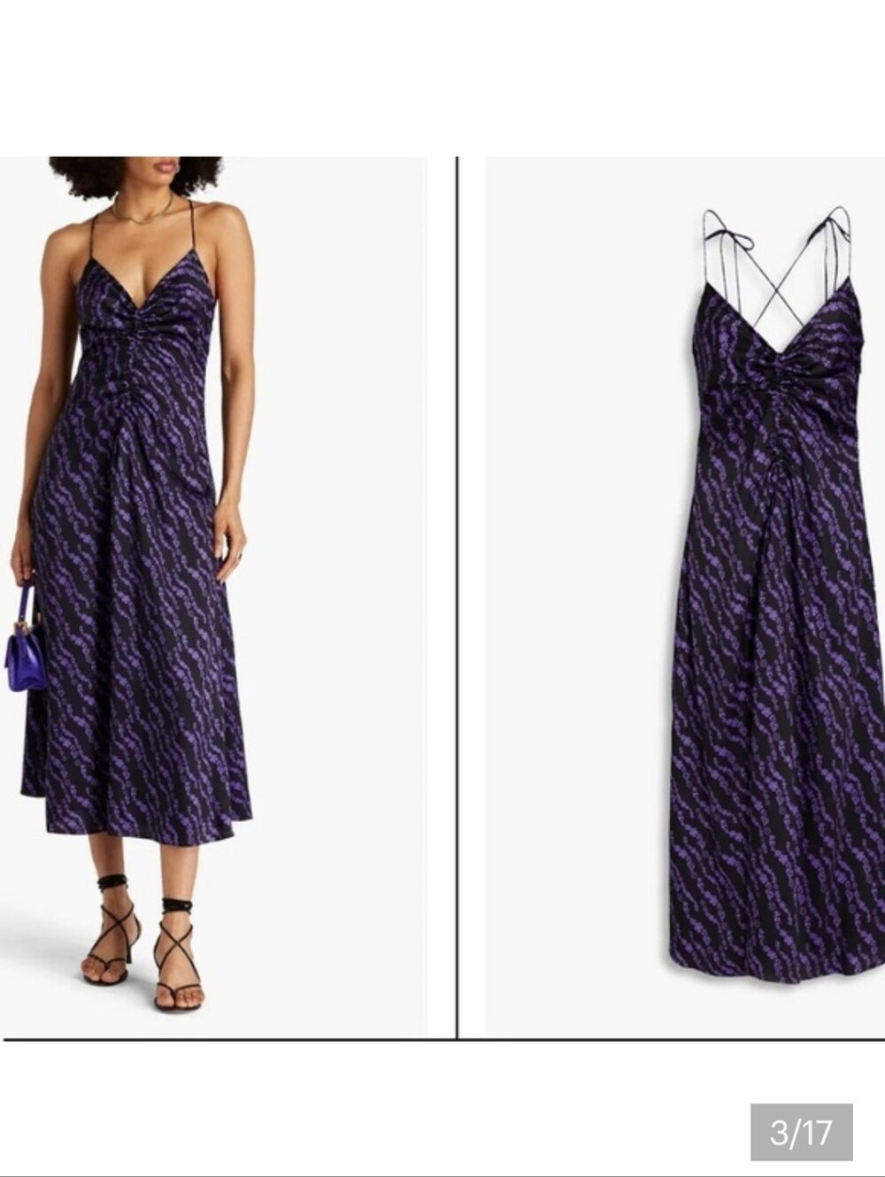 Sandro Ruched Purple Printed Slip Midi Dress
